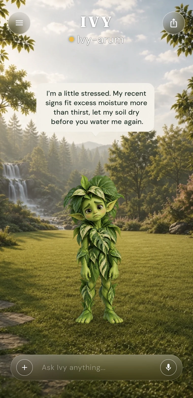 Ivy, a stressed pothos Plantling, explaining it has been overwatered
